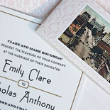  Emily and Nicholas: based on vintage postcards of Albany, NY, this custom wedding invitation suite was printed by Smock, letterpressed on bamboo paper and digitally printed and includes a bellyband and program with romantic blush patterned accents. 