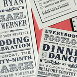  Kathryn and Michael: This totally fun invitation was letterpressed in navy with a coral envelope, text heavy in vintage carnival poster style. 