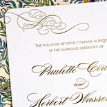  Paulette and Herbert: Classic, traditional wedding invitation on 2-ply card stock with gold foil printing and edging and calligraphic swirls 