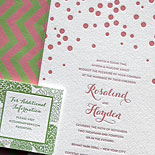 Rosalind and Hayden: we love how the mixed patterns on this Bella Figura letterpressed wedding invitation play off each other, in pink and green