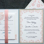 Dana and Jonathan: whimsical floral pattern with ribbon, blush, french blue and gold, digitally printed, layered
