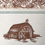 Penelope and Joseph: this letterpress printed invitation achieves a lovely country flavor with it's lace pattern, earthy pallette and barn illustration