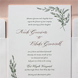 Nicole and Blake: Gorgeous letterpressed invitation in fern and rose gold foil. Rose gold edging and an ombré rose liner make stunning finishing touches. 