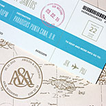 Awilda and Anthony: Destination invitation. Light pink pocket folder with a gold letterpressed map. Ticket themed, digitally printed pieces inside. Invitation features a tear-off RSVP card. 