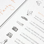 Kristen and Jeremy: Clean and classic, charcoal letterpress invitation shown with fun, custom-illustrated day of pieces. 