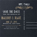 Mallory and Blake: Art Deco save the date postcard with map and gold foil marker on back. Silver and Gold printing on black paper.