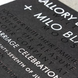 Mallory and Milo: tone on tone look with black foil on black paper. Highlights in white foil. Finished with a black envelope with a map liner.