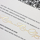 Amy and Dara: this recipe for elegance includes damask liner, black letterpress and gold foil