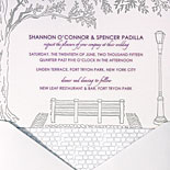 Shannon and Spencer: tree shaded park bench and lamppost illustration makes this a perfect invitation for this Fort Tryon Park wedding
