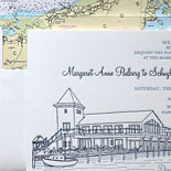 Margaret and Schuyler: a nautical themed 2 color letterpress wedding invtiation featuring Cape Cod map liner and venue and sailboat illustrations