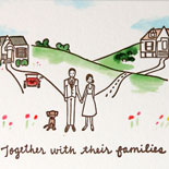 Juliette and Otto: delightful hand drawn illustration of wedding couple in rural setting with their dog