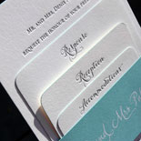 Kelly and Matthew: letterpressed invitation with rounded corners, turquoise edge painting and hand-calligraphed belly band