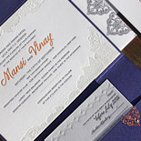 Mansi and Vinay: Indian wedding invitation featuring pocket fold, multiple patterns, copper foil, and letterpress in raspberry, persimmon, pale grey and blue