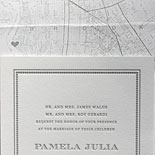 Pamela and Bradley: pewter letterpress invitation with custom Brooklyn map liner and elegant borders