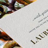Laurel and David: Everyday our sales team helps couples design their dream invitation. This time our consultant, Laurel, got to be on the opposite side of the table and design her own wedding invitation. We love the personal touches she added to Bella Figura’s Maeve design to make it her own. The bride’s hand calligraphy script and liner pattern painted by her husband add some modern touches to a classic design. This suite is full of detail without losing its elegant simplicity.