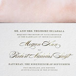 Megan and Robert: elegant gold foil stamped wedding invitation with peach watercolor liner