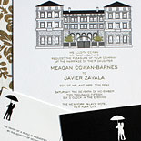 Megan and Javier: Palace Hotel wedding invitation with custom illustration by Victoria Neiman Illustration with gold foil, letterpress and digitally printed accompanying pieces