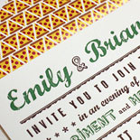 Emily and Brian-love that liner! 2 color letterpress Brooklyn wedding invitation for Roberta's pizzeria with pizza slice liner