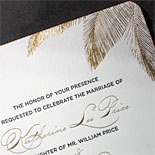 Katherine and John - this invitation features gold matte and black letterpress printing on 2 ply cotton card stock, corner rounding, gold matte edging and palm fronds