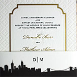 Danielle and Matthew - the stunning combination of gold foil frame and blind letterpress pattern make this a striking invitation. The belly band is the Riverside Drive suite skyline from our PostScript Brooklyn collection.