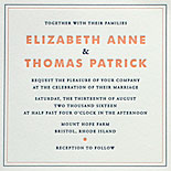 Elizabeth and Thomas - A wonderfully minimalist invitation with a sweet peach and navy letterpressed ink, clean design with print fonts and unexpected kraft stock