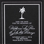 Katherine and John-this modern save the date features a palm tree in white on 2 ply black card stock