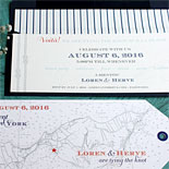 Loren and Herve - fun, nautical themed wedding invitation with luggage tag card, vintage ship and blue striped envelope liner