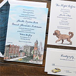 Arielle and Daniel - Custom watercolor images of downtown NYC, couple's dog and classic yellow cab by Allison Steinfeld, with stunning liner to compliment this playful invitation