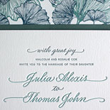 Julia and Thomas - We adore the detail of the gingko leaves, the wonderful color choices and the beautiful hand calligraphy on this invitation