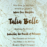 Talia - Gold foil and digital printing make for a stellar combination on this Bat Mitzvah invitation.  Other highlights include the constellation pocket fold and table name cards.