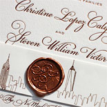 Christine and Steven - An elegant copper foil New York City inspired invitation suite complete with a custom monogrammed wax seal. A perfect balance of elegance and whimsy.