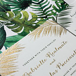 Gabrielle and Nicholas - A tropical garden watercolor liner which also frames the wedding program is a stunning backdrop for the gold and moss thermography of the Jamaican wedding invitation suite. Painting by Ella Romero.