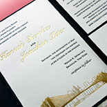 Hannah and Jonathan - Gorgeous gold foil details are a highlight in this stunning treatment of the Pearl Street suite from PostScript Brooklyn. Other touches we love are the ombre liner, invitation mounted into a pocket folder and foil tag.