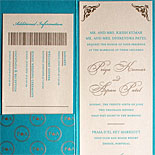 Priya and Aspan - A travel ticket inspired wedding invitation for a desitnation wedding in Portugal with gold ink and azure metallic pocket folder