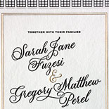 Sarah and Gregory - The ultimate Manhattan / Brooklyn invitation featuring gold foil and black letterpress, illustrations of the Wythe Hotel and a NYC skyline and an East River letterpressed belly band